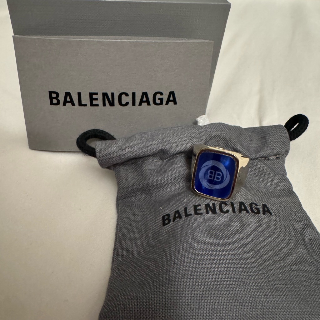 Balenciaga Gold Band With Blue Emblem Ring